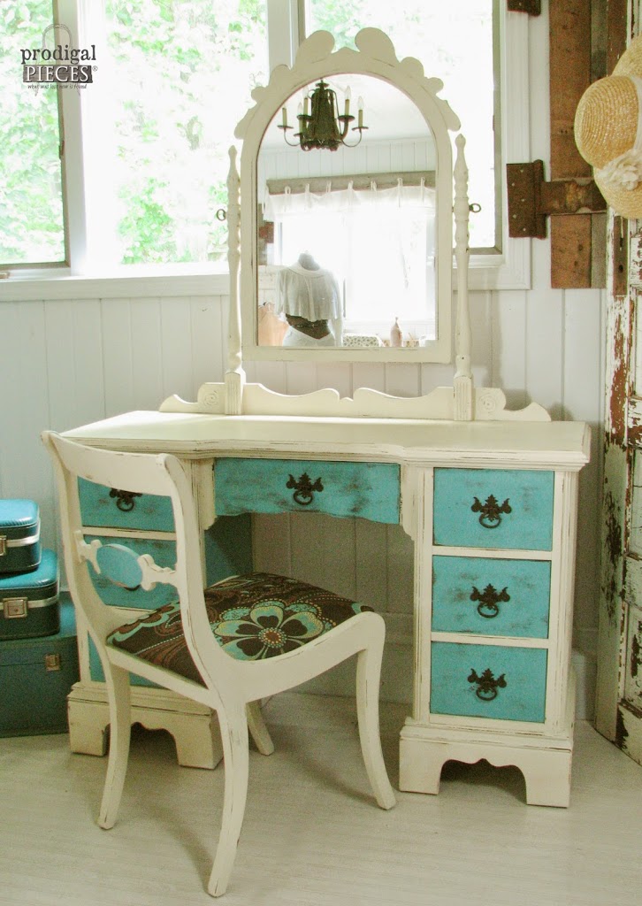 Blue & White Antique Vanity Set Matched with a Rustic Style by Prodigal Pieces | www.prodigalpieces.com