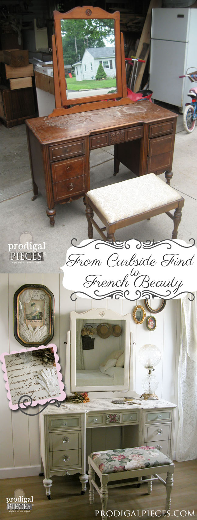 Curbside Vanity is Renewed with Fresh Look and French Script Stenci by Prodigal Pieces | prodigalpieces.com