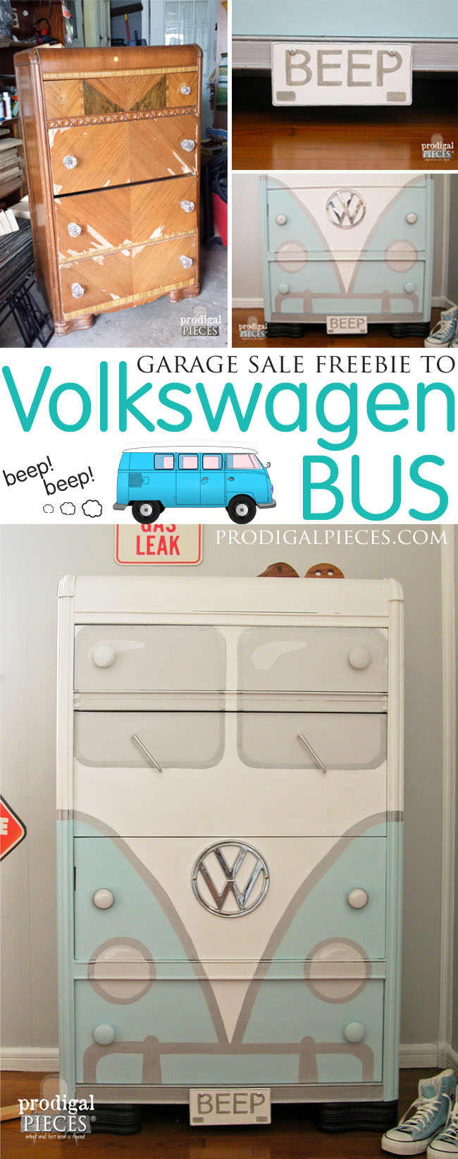 Vintage Waterfall Dresser Gets Volkswagen Bus Makeover by Prodigal Pieces | www.prodigalpieces.com