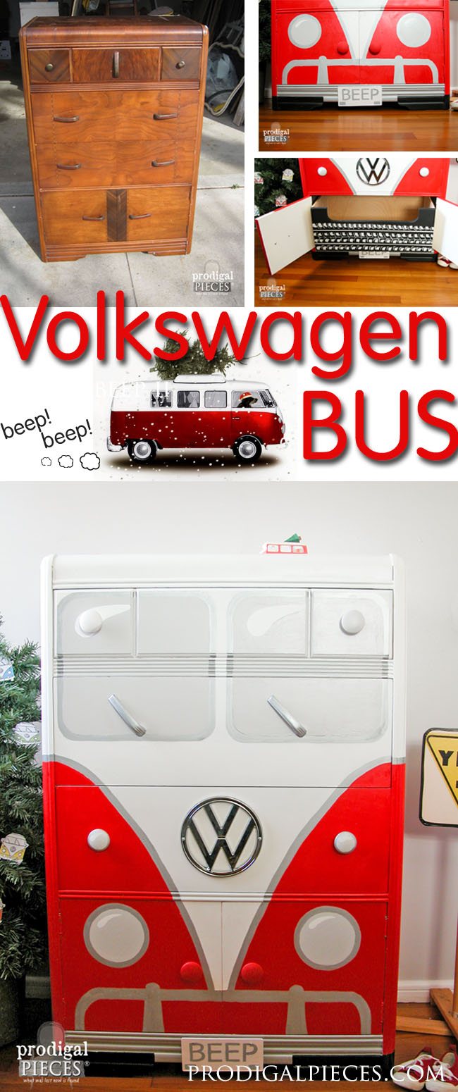 An Art Deco waterfall chest of drawers makes the perfect Volkswagen Bus. This time around it's all about that RED by Prodigal Pieces | www.prodigalpieces.com