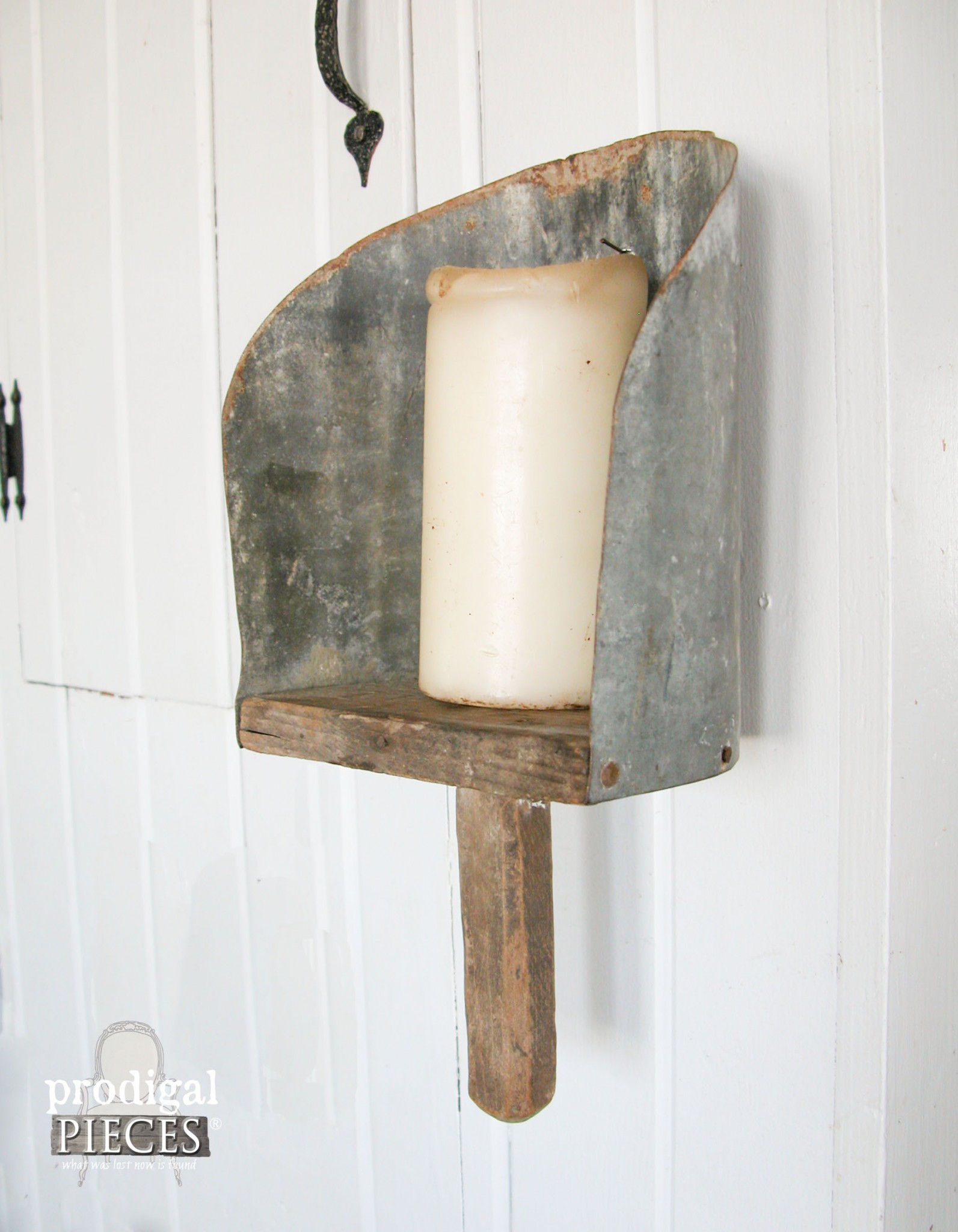 Side view of Repurposed Farmhouse Feed Scoop Candle Sconce by Prodigal Pieces | www.prodigalpieces.com