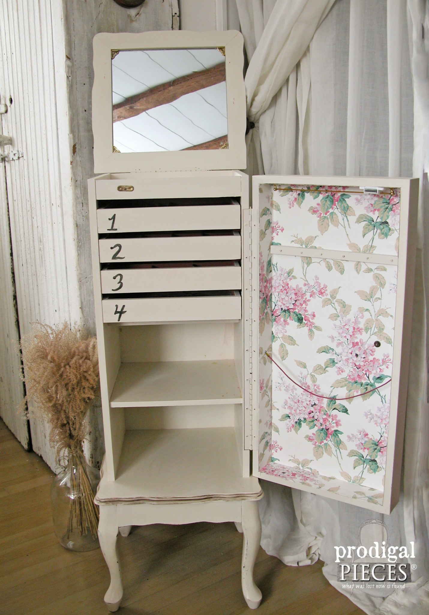 Refinished Jewelry Armoire with Wallpaper by Prodigal Pieces | prodigalpieces.com