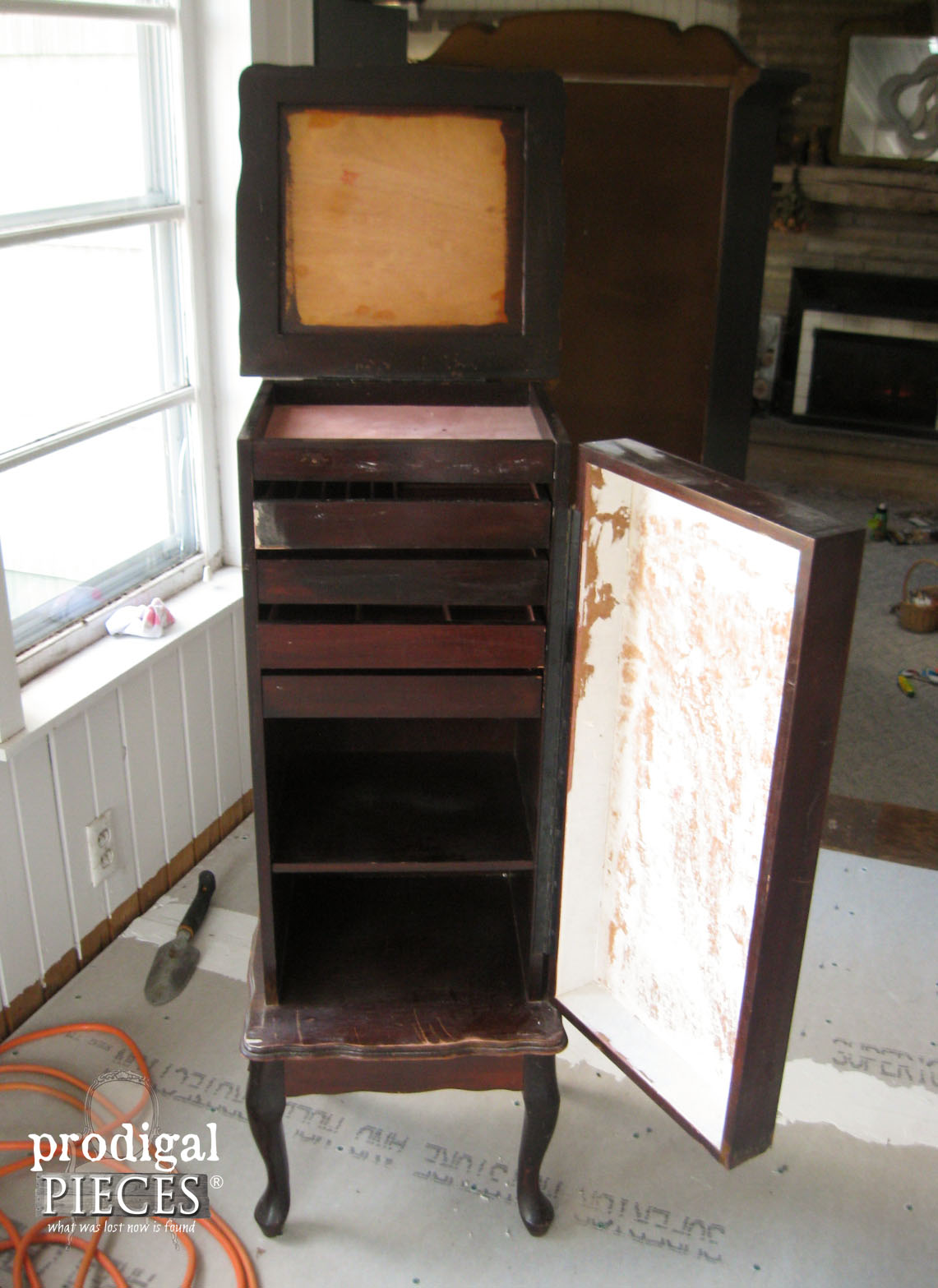 Prepping Jewelry Armoire for Emboss Furniture Makeover | Prodigal Pieces | prodigalpieces.com