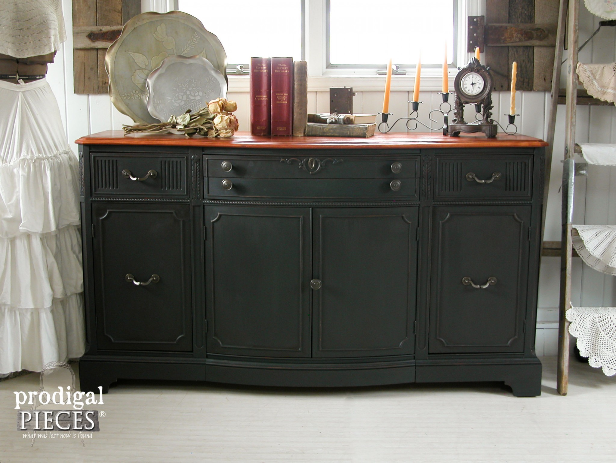 Vintage Buffet Gets Black Paint and Cherry Stain Makeover by Prodigal Pieces | www.prodigalpieces.com