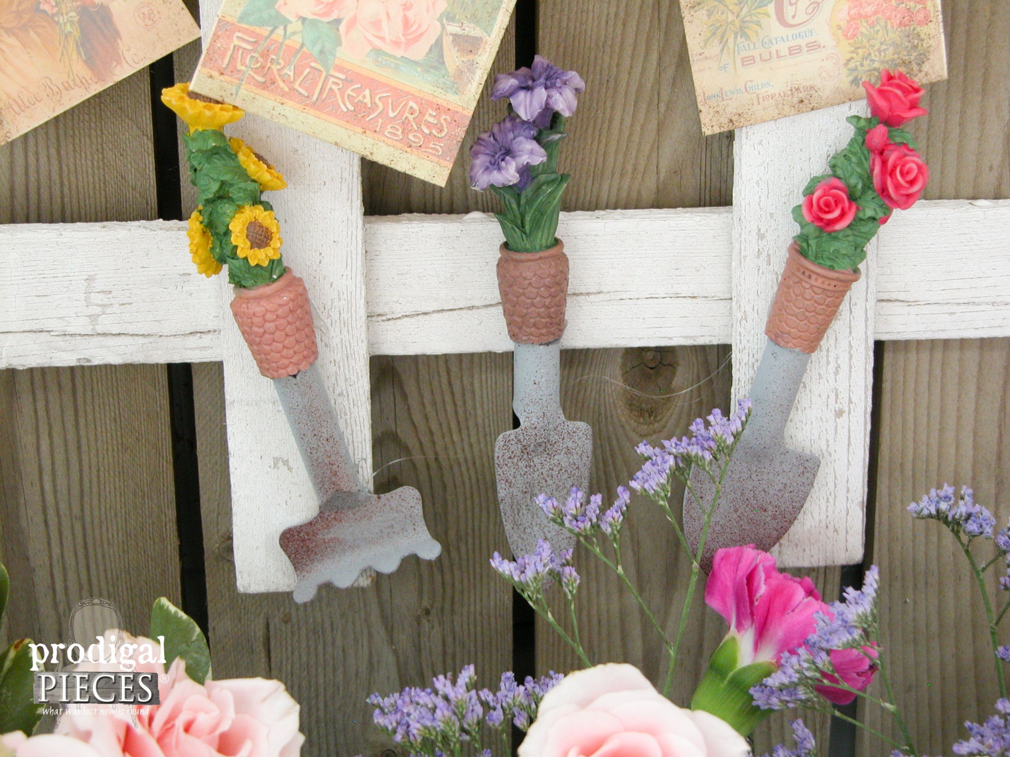 Miniature Garden Tools on Repurposed PIcket Fence by Prodigal Pieces | www.prodigalpieces.com