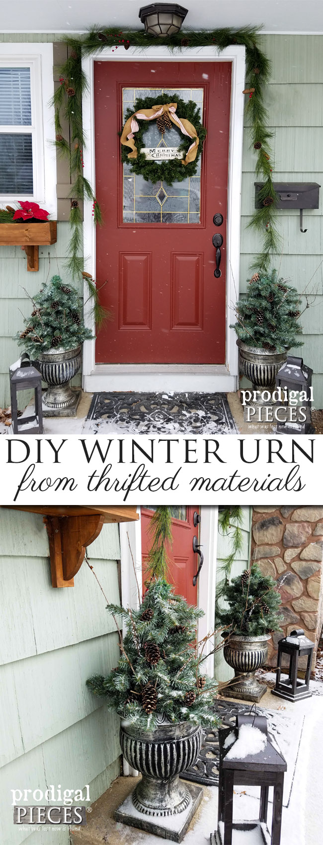 Create these Winter Urns from Thrifted and Repurposed Materials. Budget-friendly Christmas Decor by Prodigal Pieces | prodigalpieces.com
