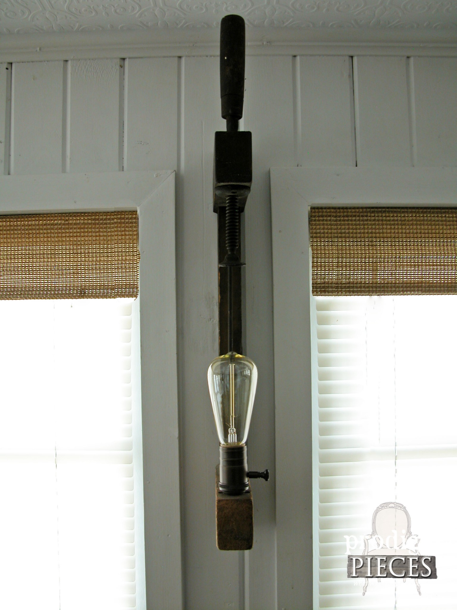 Upcycled Antique Wooden Clamp turned into Industrial Farmhouse Wall Sconce by Prodigal Pieces | www.prodigalpieces.com