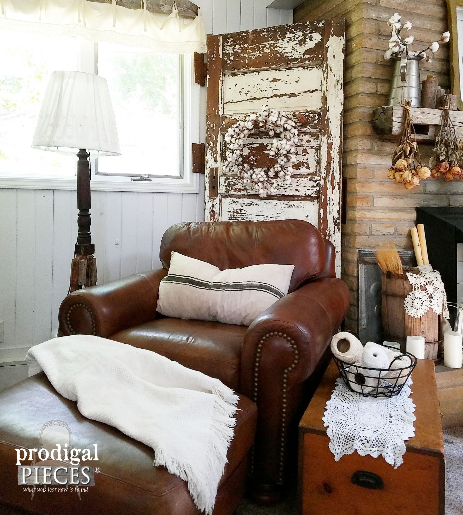Rustic Farmhouse Eclectic Style Family Room with Leather and Fireplace | Prodigal Pieces | www.prodigalpieces.com