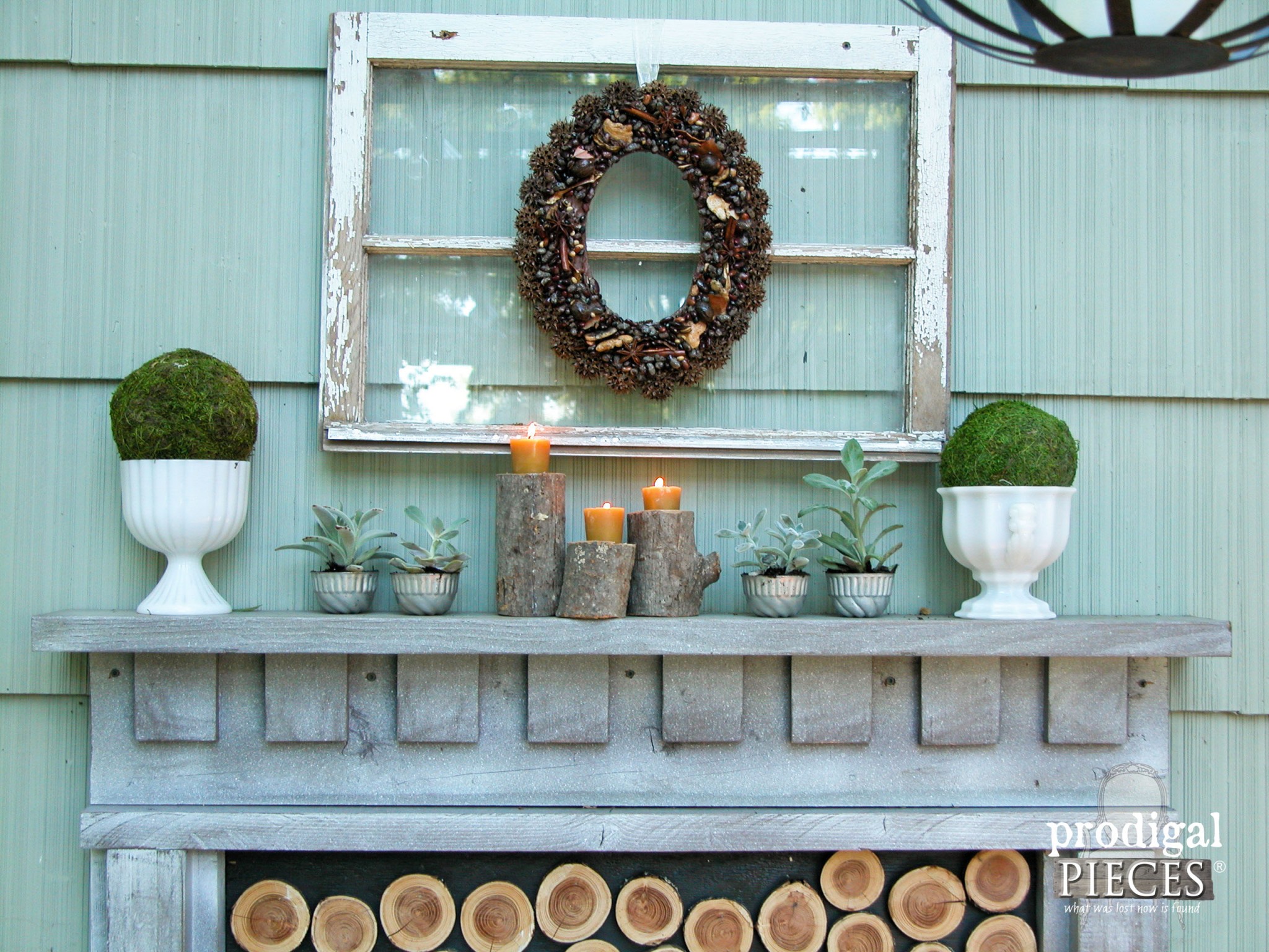 Rustic DIY Fireplace Mantel with Log Candlesticks by Prodigal Pieces | www.prodigalpieces.com