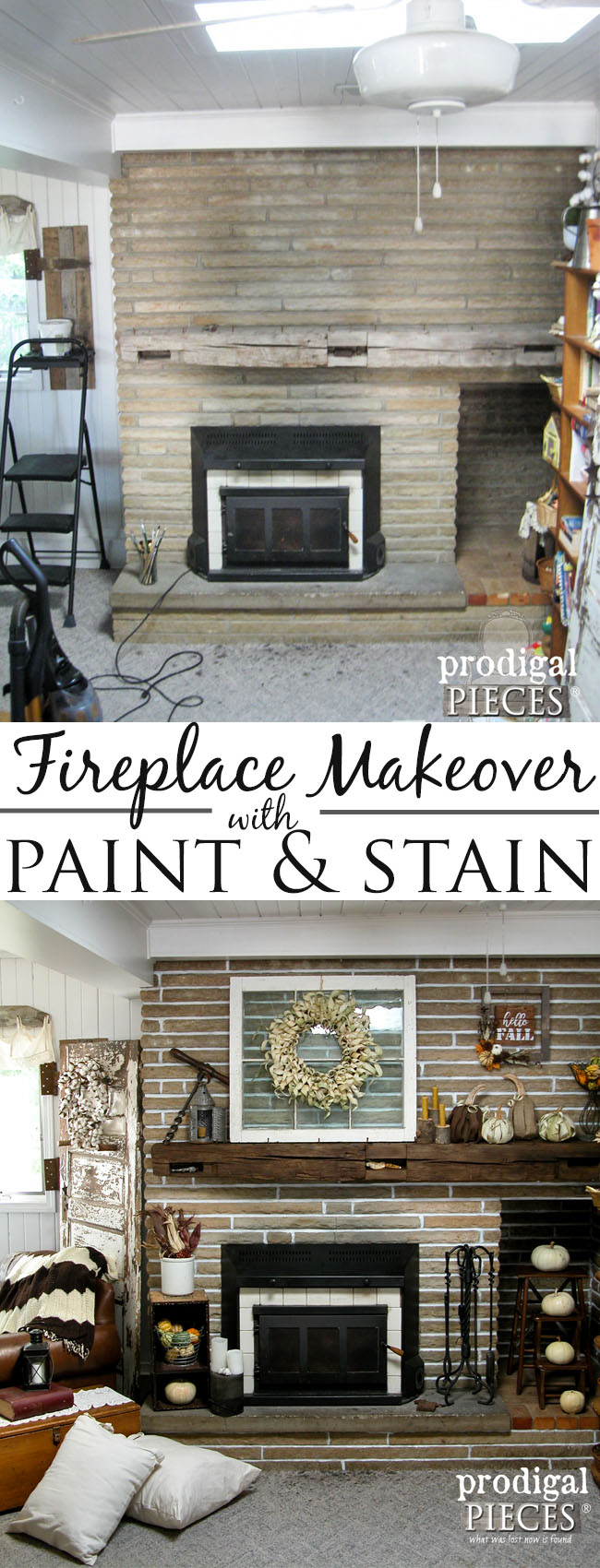 Farmhouse Fireplace Mantel Makeover with Paint & Stain by Prodigal Pieces | www.prodigalpieces.com
