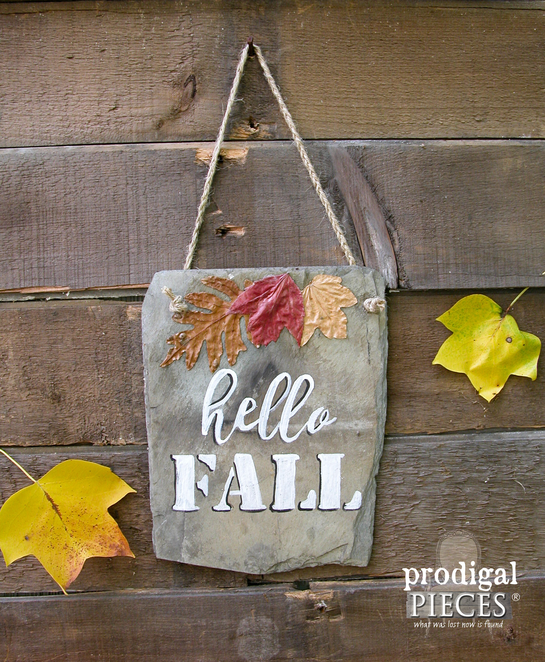 Hello Fall Sign Painted on Reclaimed Barn Roof Slate Shingel by Prodigal Pieces | www.prodigalpieces.com