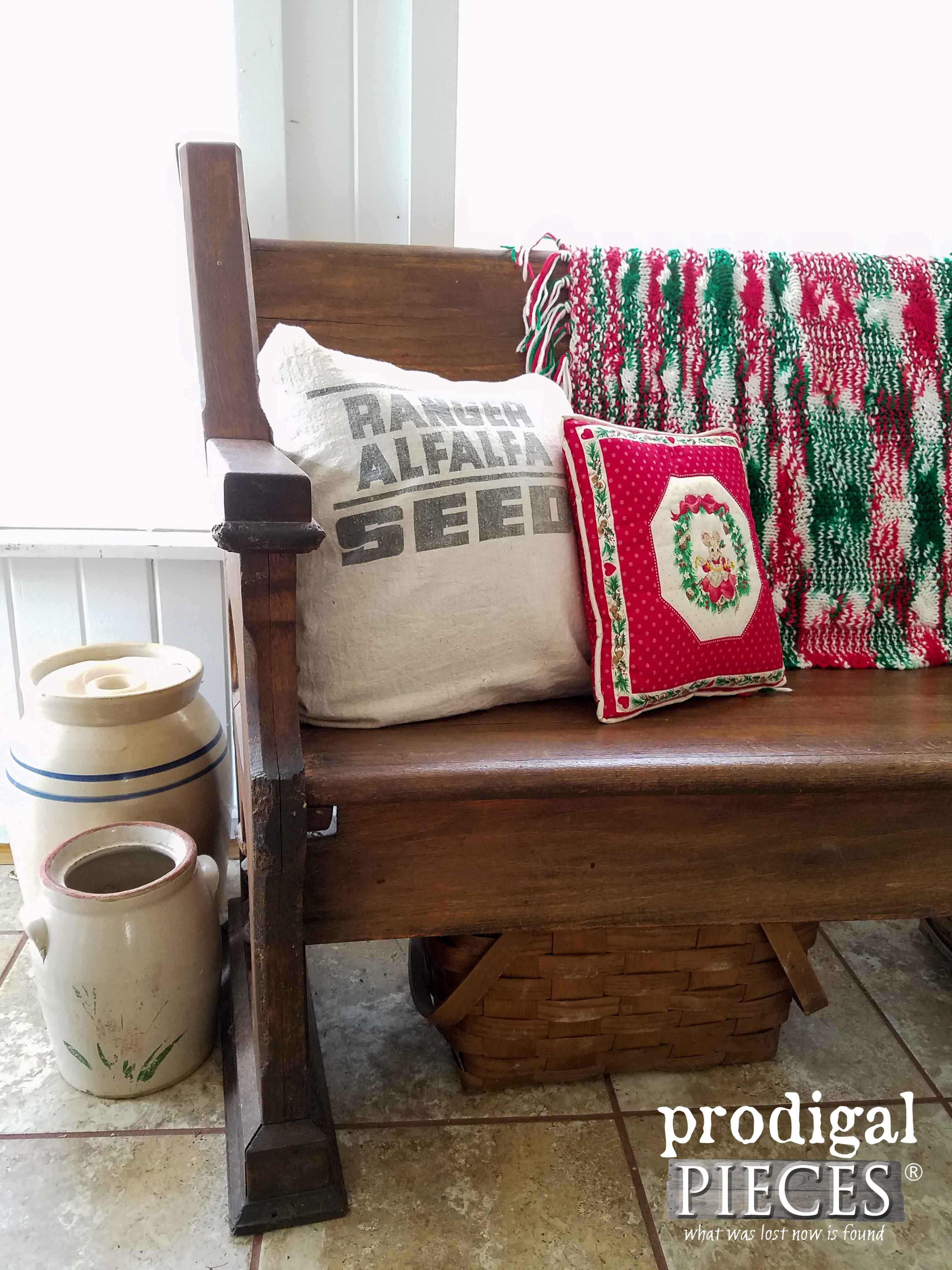 Antique Farmhouse Pew with Rustic Christmas Decor by Prodigal Pieces | www.prodigalpieces.com
