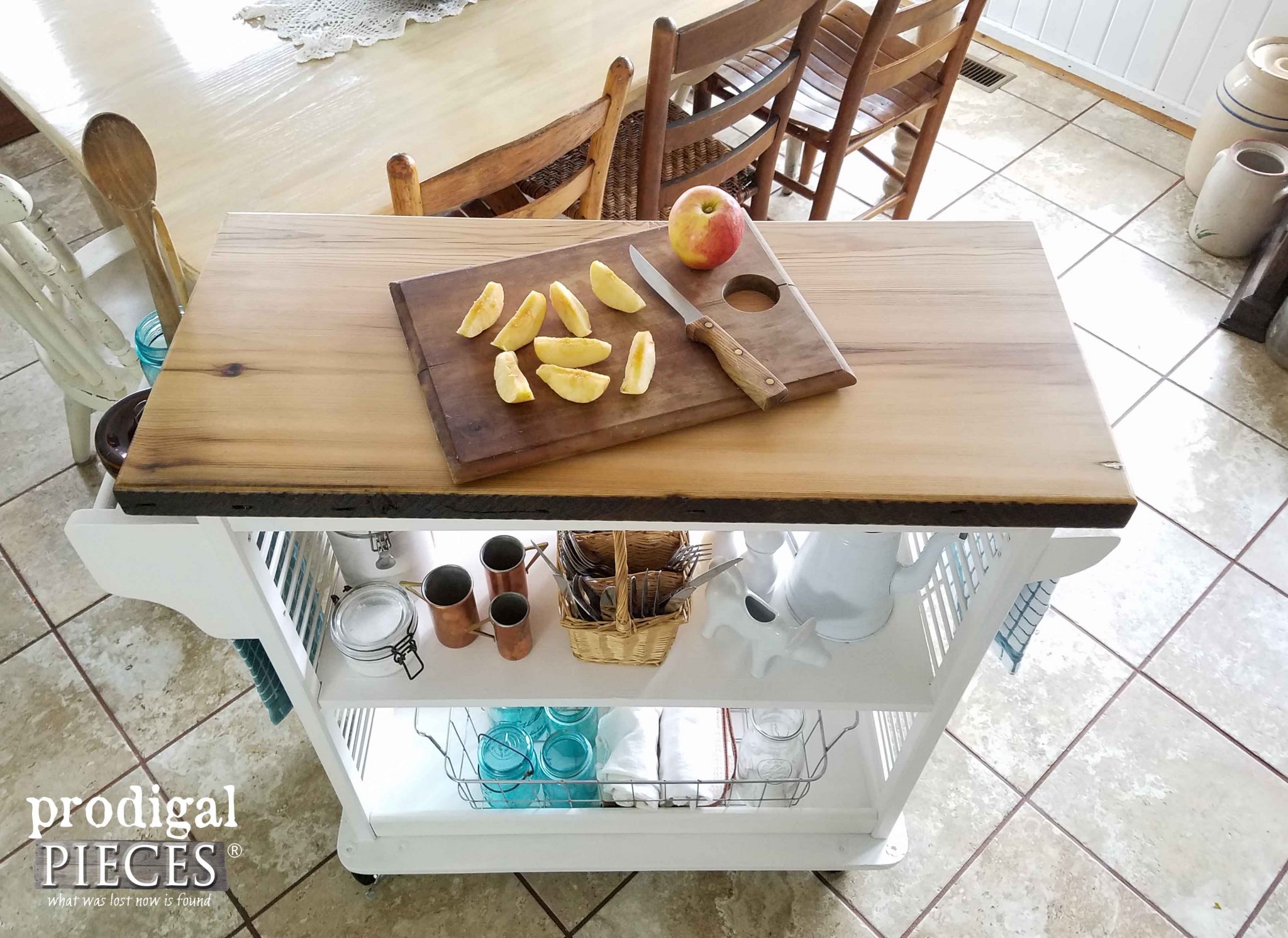 Reclaimed Wood Top on Kitchen Cart by Prodigal Pieces | prodigalpieces.com