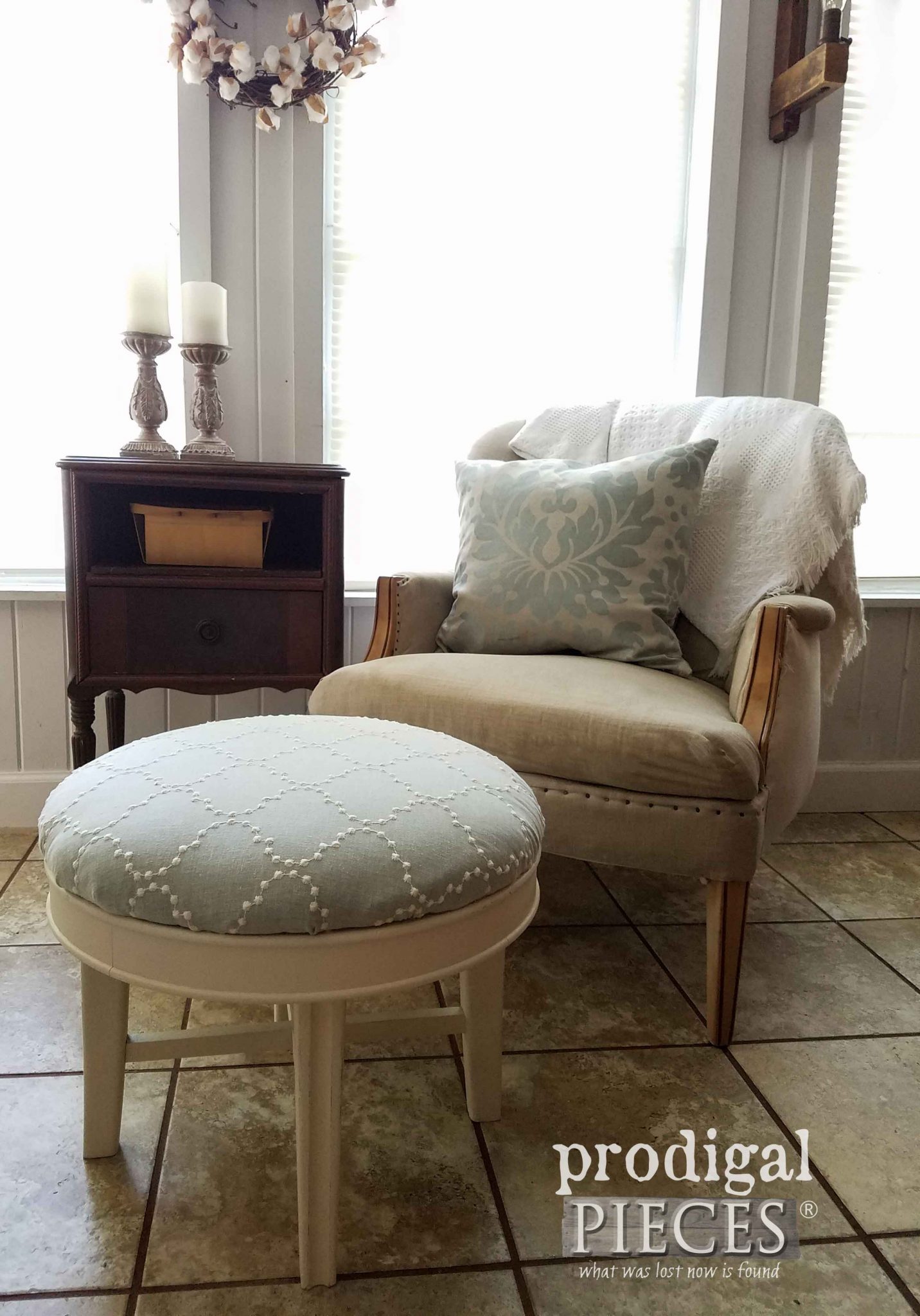 Vintage Ottoman and Chair refreshed with upholstery and paint. DIY at prodigalpieces.com