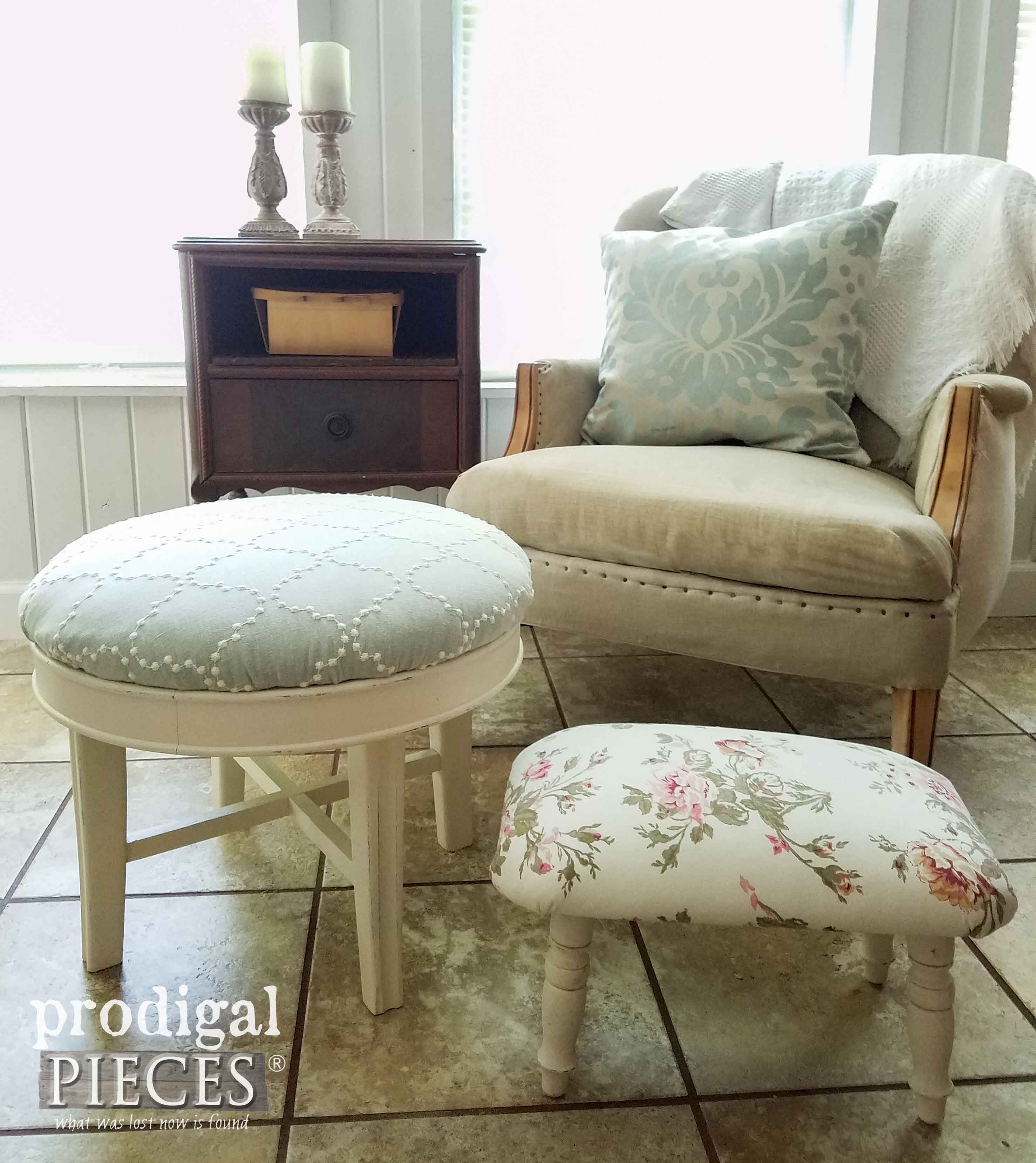 Pair of Vintage Footstools Refreshed with new upholstery and paint by Prodigal Pieces | prodigalpieces.com