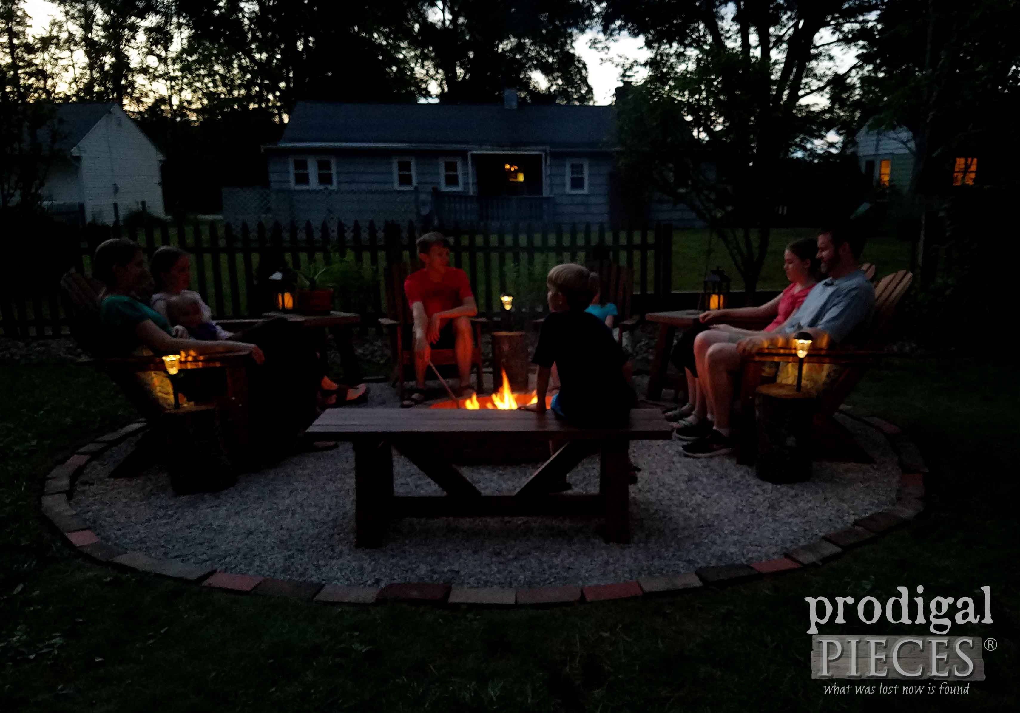 Family Sitting Fireside at DIY Fire Pit by Prodigal Pieces | prodigalpieces.com
