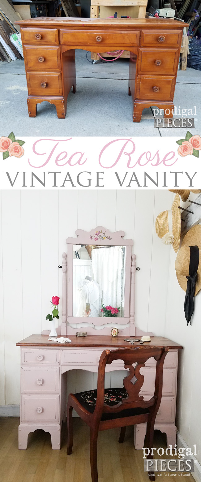 A cast-off mirror and vintage vanity painted in a Tea Rose Pink for a makeover you don't want to miss. See more at Prodigal Pieces | prodigalpieces.com