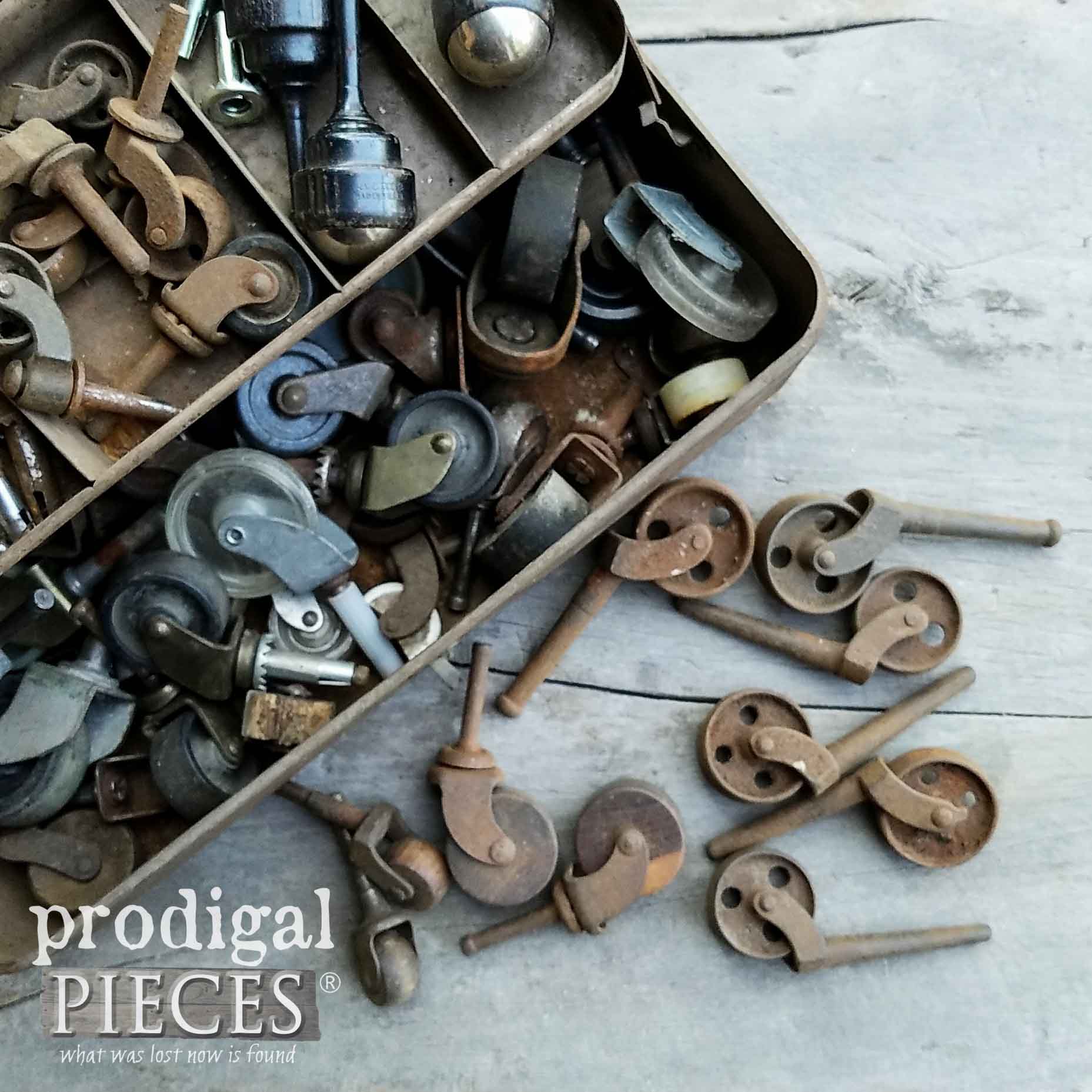 Collection of Antique Casters in Old Tool Box by Prodigal Pieces | prodigalpieces.com
