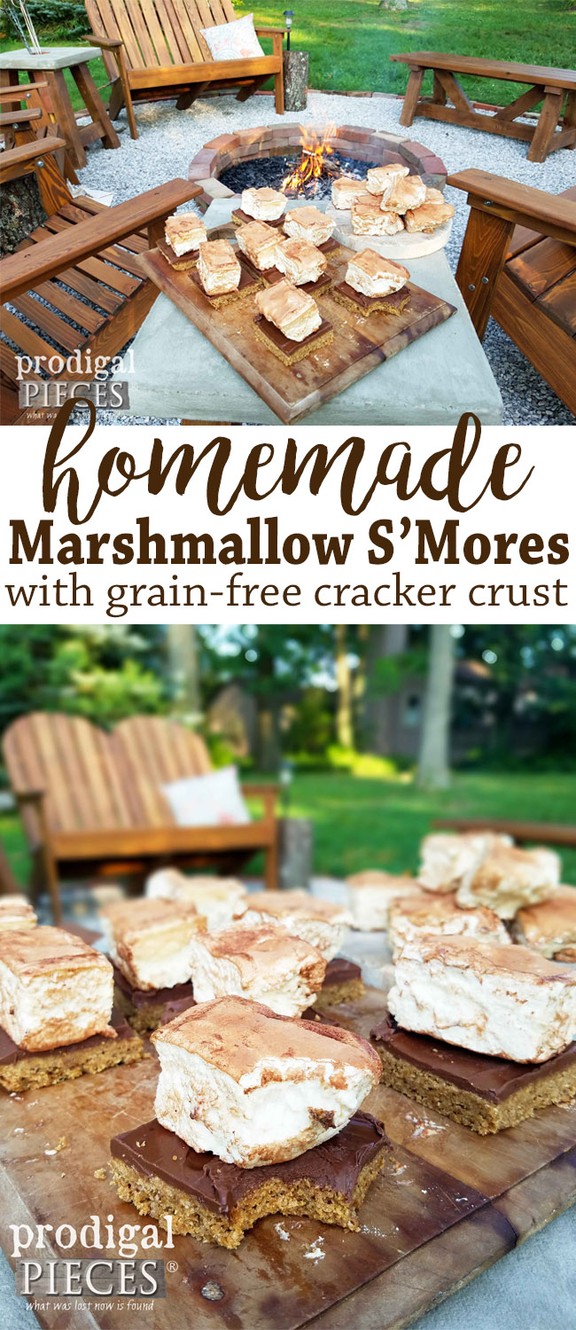 Make these delicious homemade marshmallow s'mores to delight your tastebuds. Grain-free crust makes it delish for anyone. Recipe at Prodigal Pieces | prodigalpieces.com