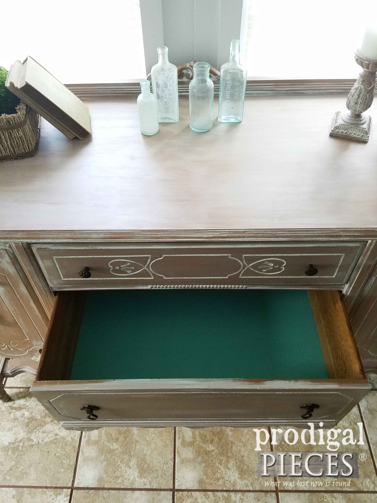 Teal Colored Drawers in Antique Buffet by Prodigal Pieces | prodigalpieces.com