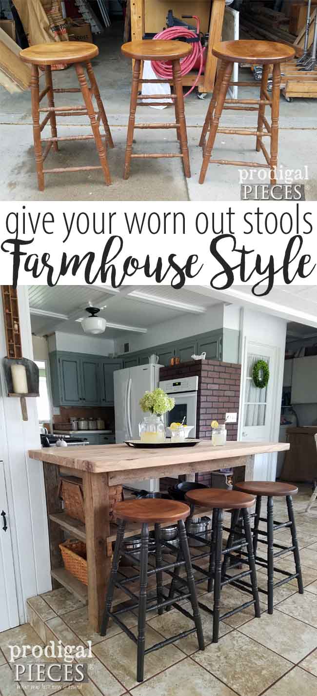 Looking for ways to update your decor? Take your dated furniture and give it a fresh new look like my farmhouse bar stools. It's easy and budget-friendly! Tutorial here at Prodigal Pieces | prodigalpieces.com
