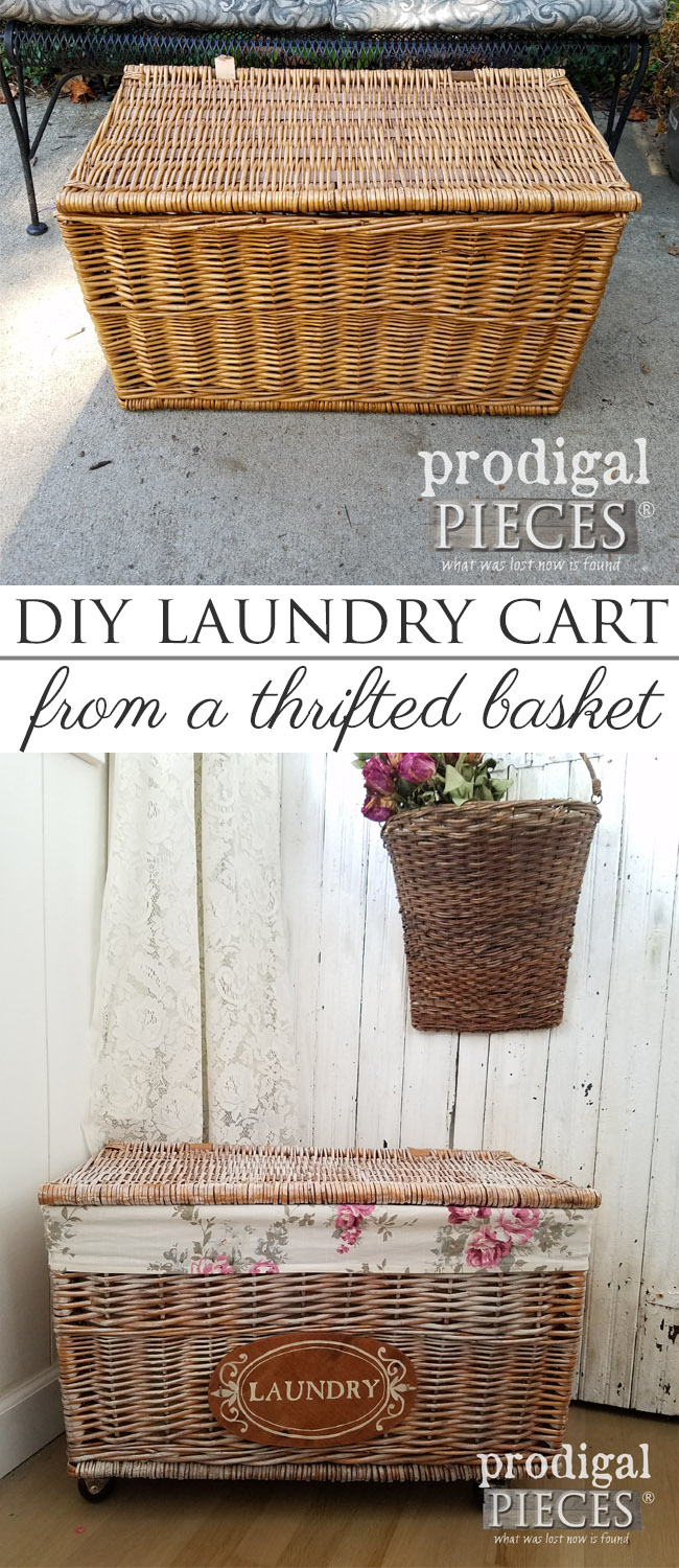 Create a DIY Rolling Laundry Cart with a thrifted basket. Full details at Prodigal Pieces | prodigalpieces.com