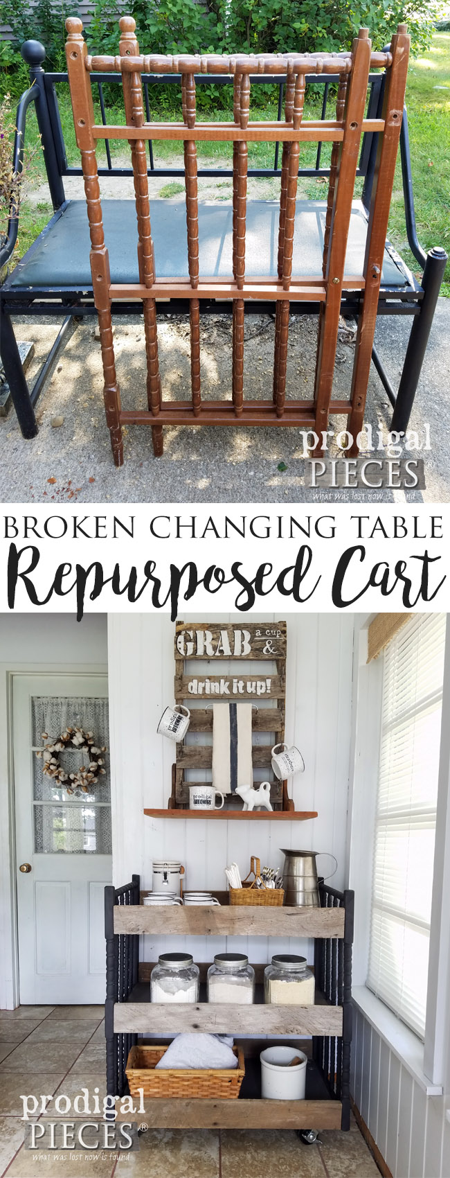 A farmhouse industrial style cart made from reclaimed barn wood and a repurposed baby changing table. See the transformation at Prodigal Pieces | prodigalpieces.com