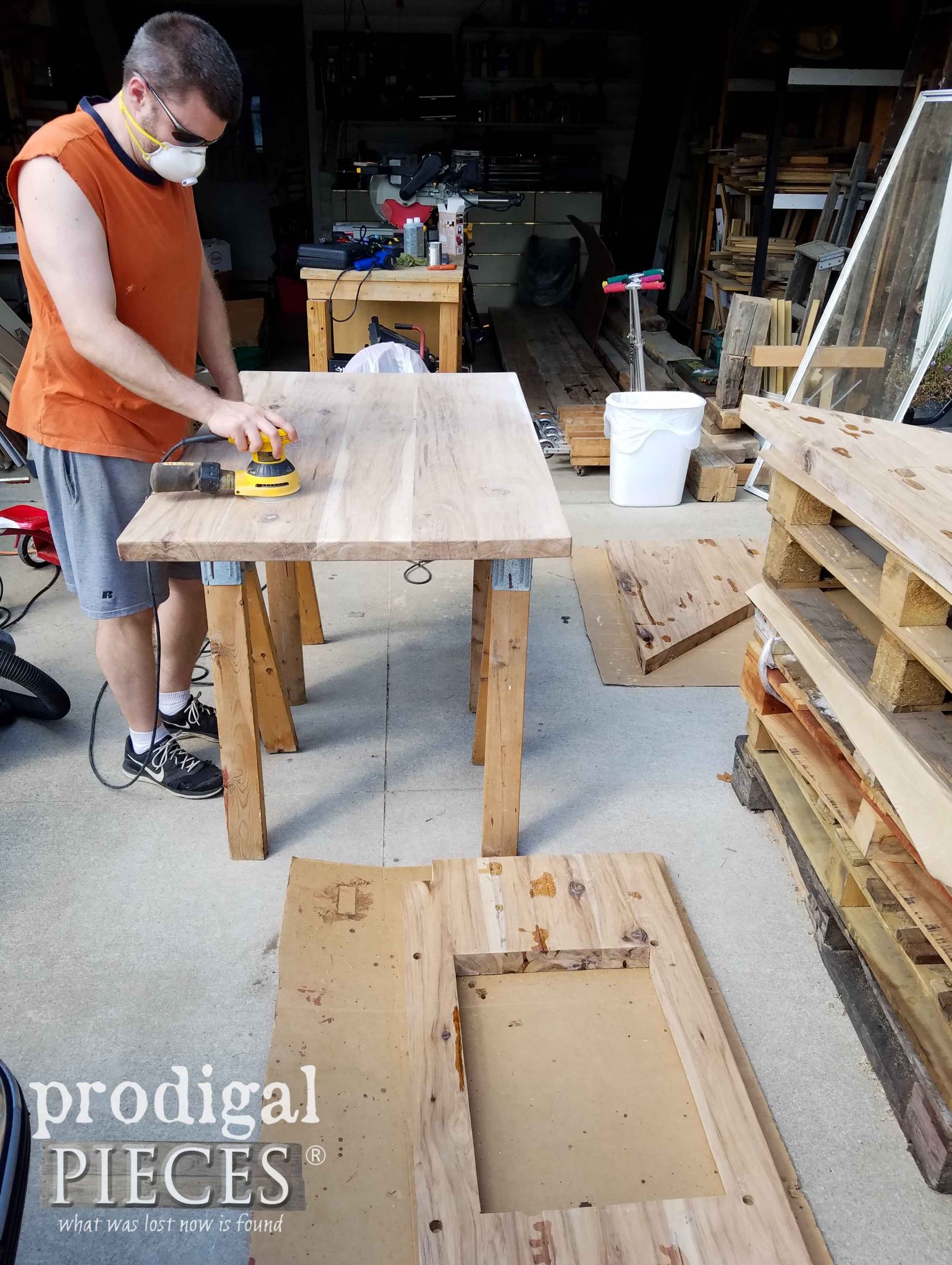 JC sanding hickory countertops for our kitchen remodel | prodigalpieces.com