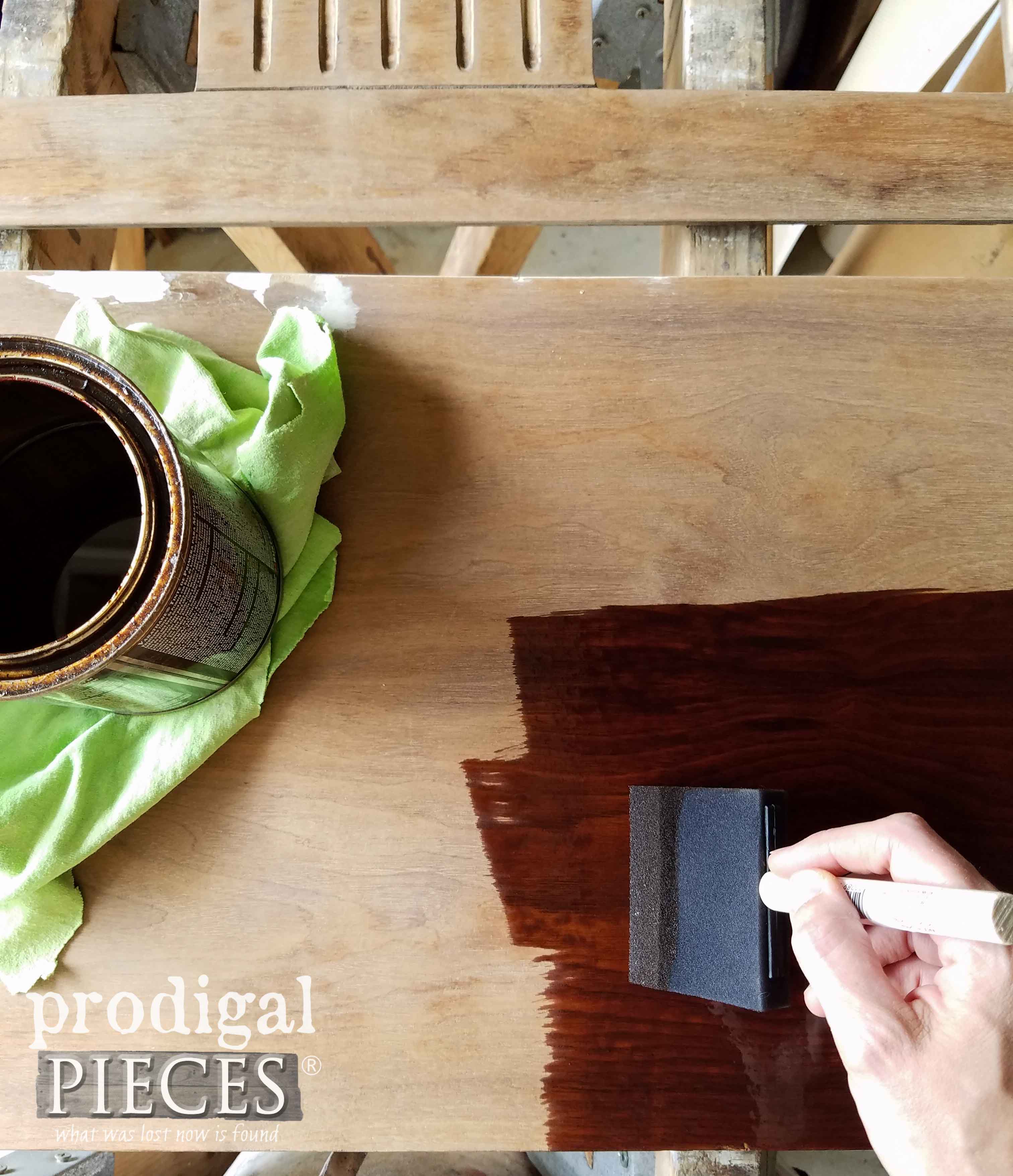 Staining Repurposed Piano Bench Top with Provincial Stain | prodigalpieces.com