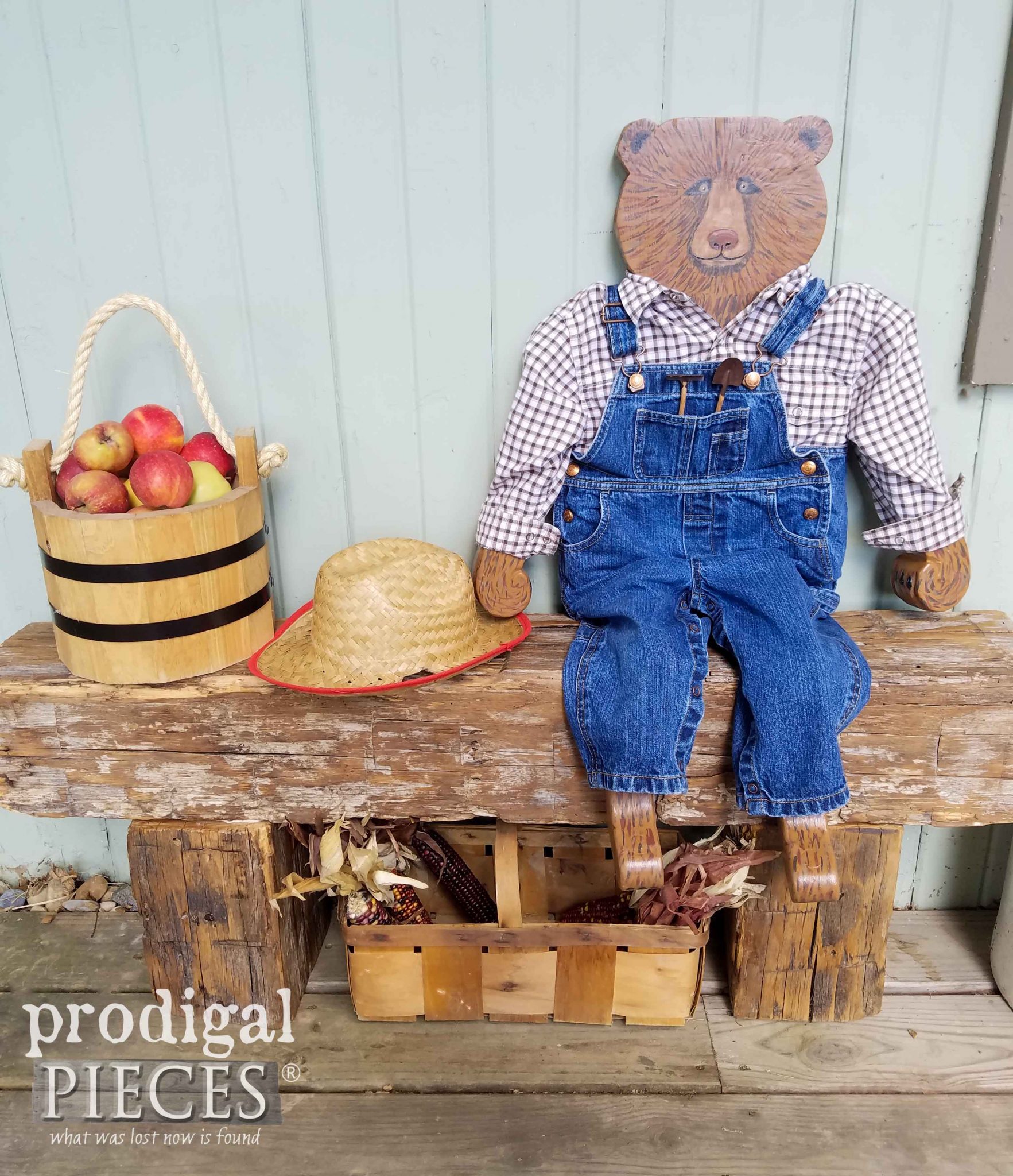 Hand-crafted Harvey the Hurricane Bear with Reclaimed Barn Beam Bench by Larissa Haynes of Prodigal Pieces | prodigalpieces.com