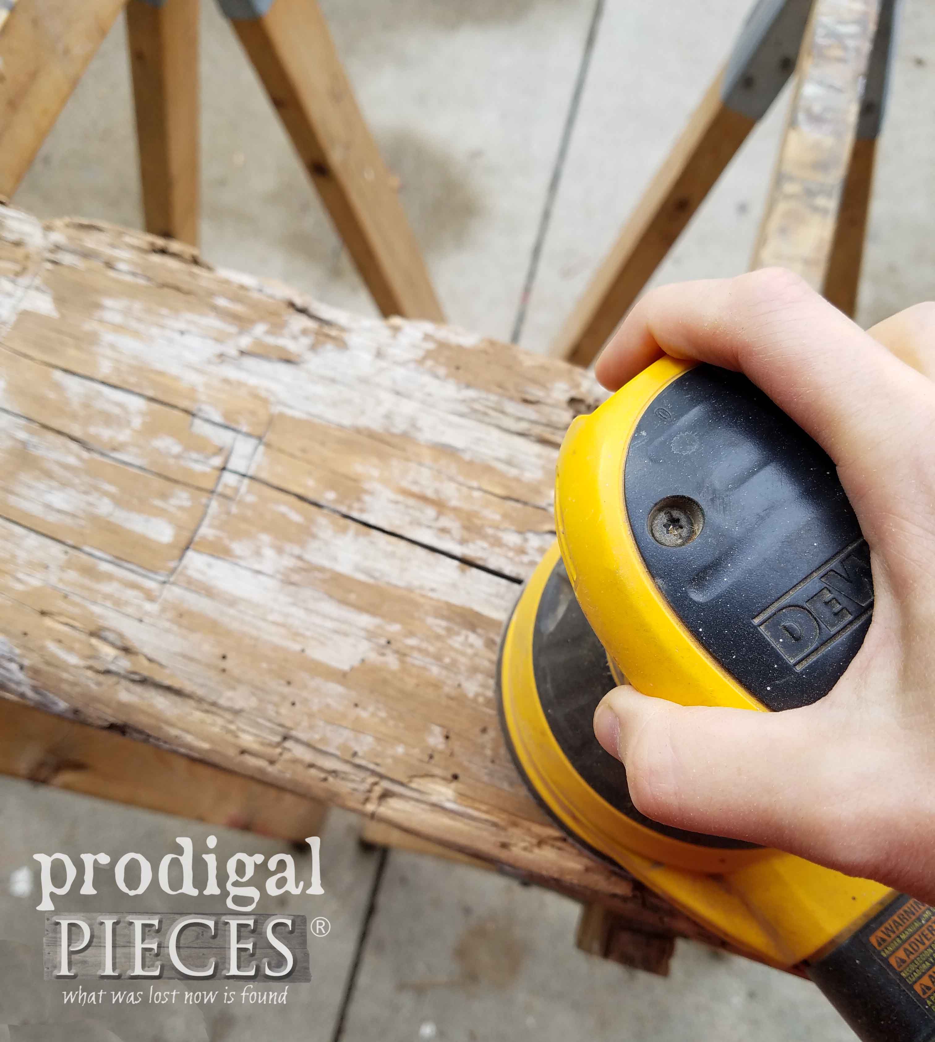 Sanding Barn Beam for Bench by Prodigal Pieces | prodigalpieces.com