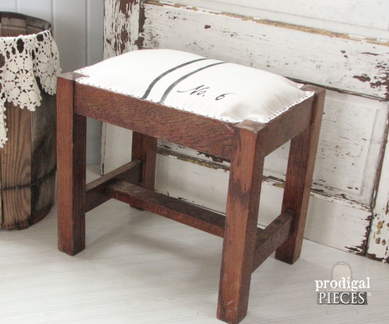 Antique Stool with Grain Sack Stripe | prodigalpieces.com