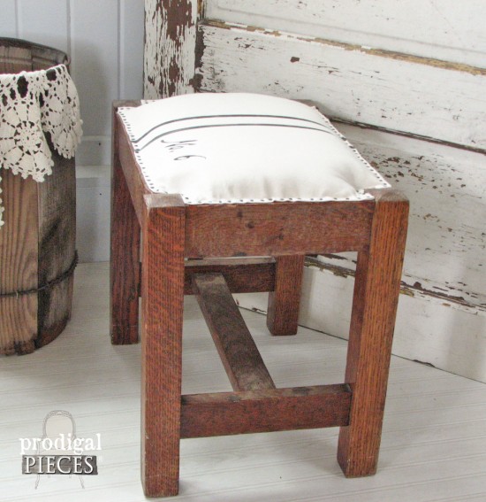 DIY Antique Farmhouse Grain Sack Stool Makeover by Larissa of Prodigal Pieces | prodigalpieces.com #prodigalpieces