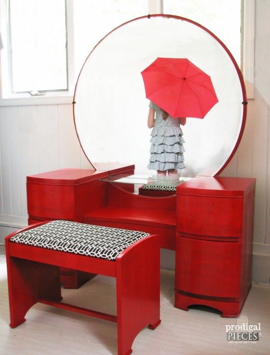 Vintage Art Deco dressing table gets a candy apple red makover for a custom client. A fun twist to a classic piece! by Prodigal Pieces www.prodigalpieces.com #prodigalpieces