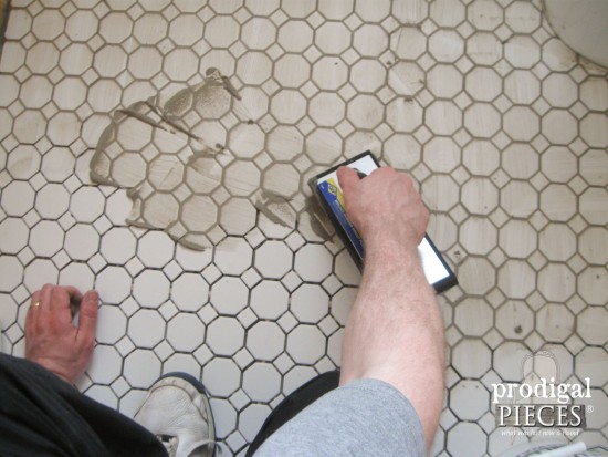 Gray Grout with White Hexagon Tile in Farmhouse Bathroom | Prodigal Pieces | www.prodigalpieces.com