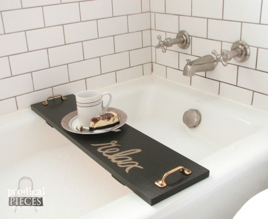 You can build this modern farmhouse bathtub tray with tutorial by Larissa of Prodigal Pieces | prodigalpieces.com #prodigalpieces #farmhouse #bathroom #home #diy #homedecor