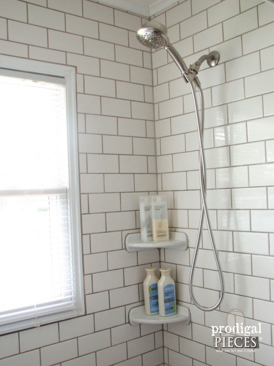 Brushed Nickel Showerhead in Bathroom | prodigalpieces.com