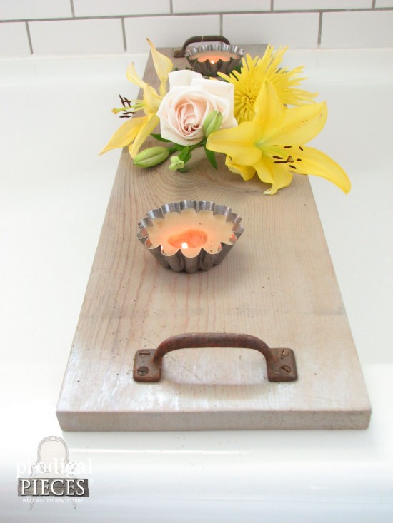Rustic Bathtub Tray with Flowers and Candles by Larissa of Prodigal Pieces | prodigalpieces.com #prodigalpieces #farmhouse #home #homedecor