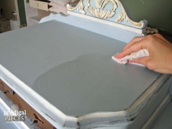 Applying Wax to Chalky Finish Paint on Chest | prodigalpieces.com