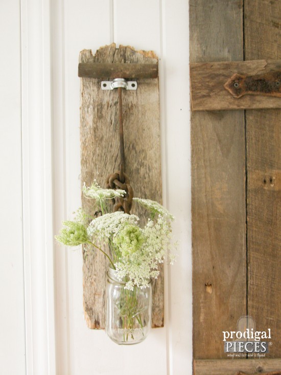 Rusty old farmhouse tools are perfect paired with reclaimed barn wood to make functional decor. Just grab a hanger, Ball jar, and a DIY attitude. by Prodigal Pieces www.prodigalpieces.com #prodigalpieces