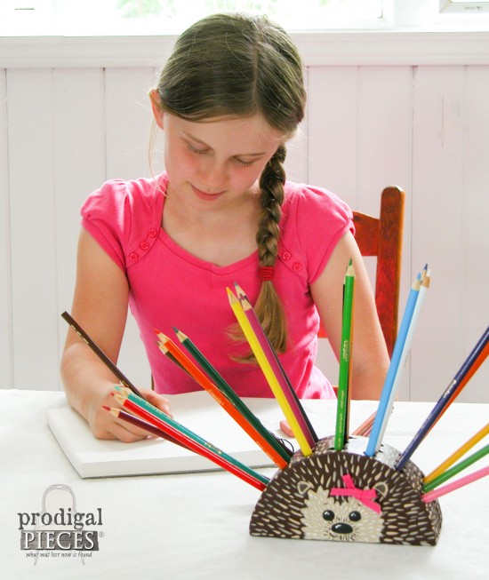 Girl Drawing with Hedgehog Pencil Holder by Larissa of Prodigal Pieces | prodigalpieces.com #prodigalpieces
