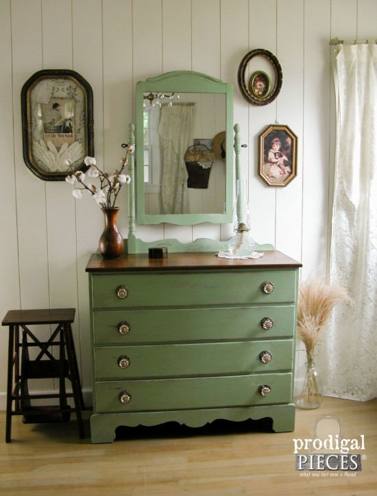 Goodbye 1980's orange and hellow prairie charm. An outdate dresser gets a new look with milk paint and pulls. Come see! by Prodigal Pieces www.prodigalpieces.com #prodigalpieces