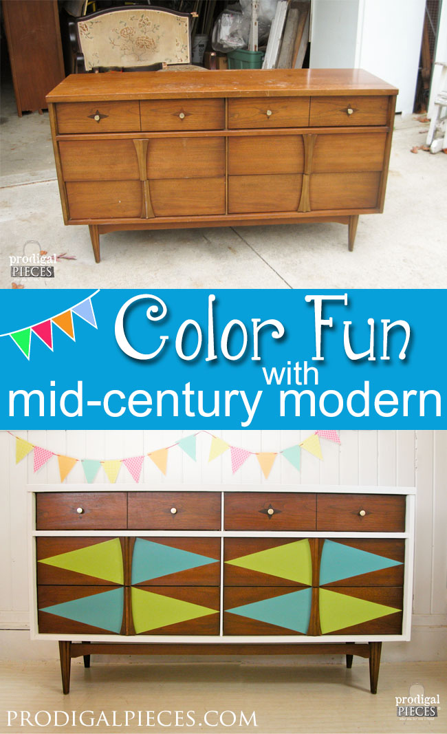 This tired looking Mid-Century Modern Bassett credenza gets some color fun with a pop of paint. Come see how it's done! by Prodigal Pieces www.prodigalpieces.com