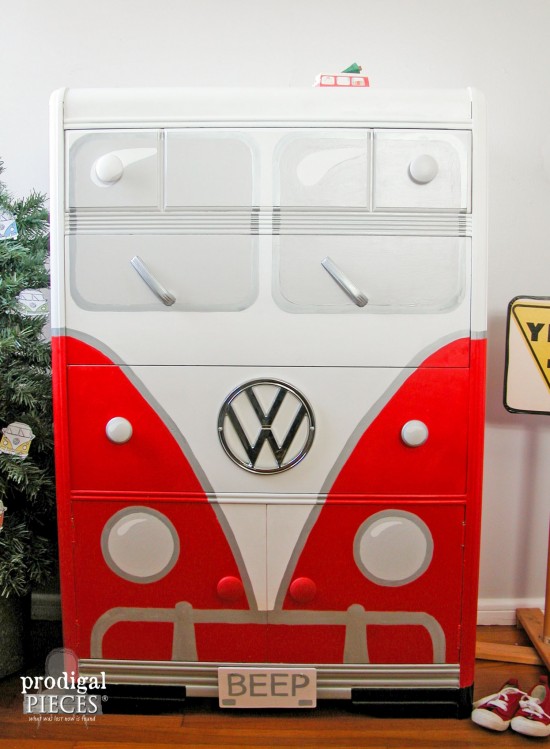 An Art Deco waterfall chest of drawers makes the perfect Volkswagen Bus. This time around it's all about that RED by Prodigal Pieces www.prodigalpieces.com #prodigalpieces
