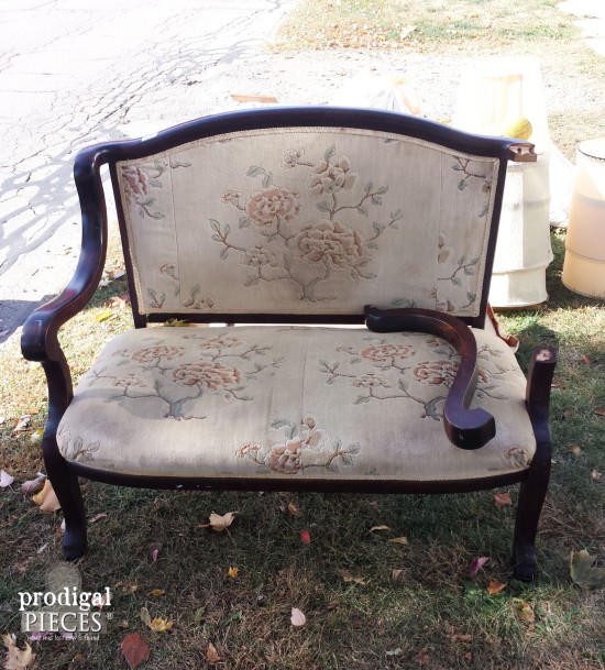 An antique settee left for the trash with a broken arm and in need of repair is a junkers "Trashure" (one man's junk is another woman's treasure). With some TLC it is made new by Prodigal Pieces | prodigalpieces.com #prodigalpieces