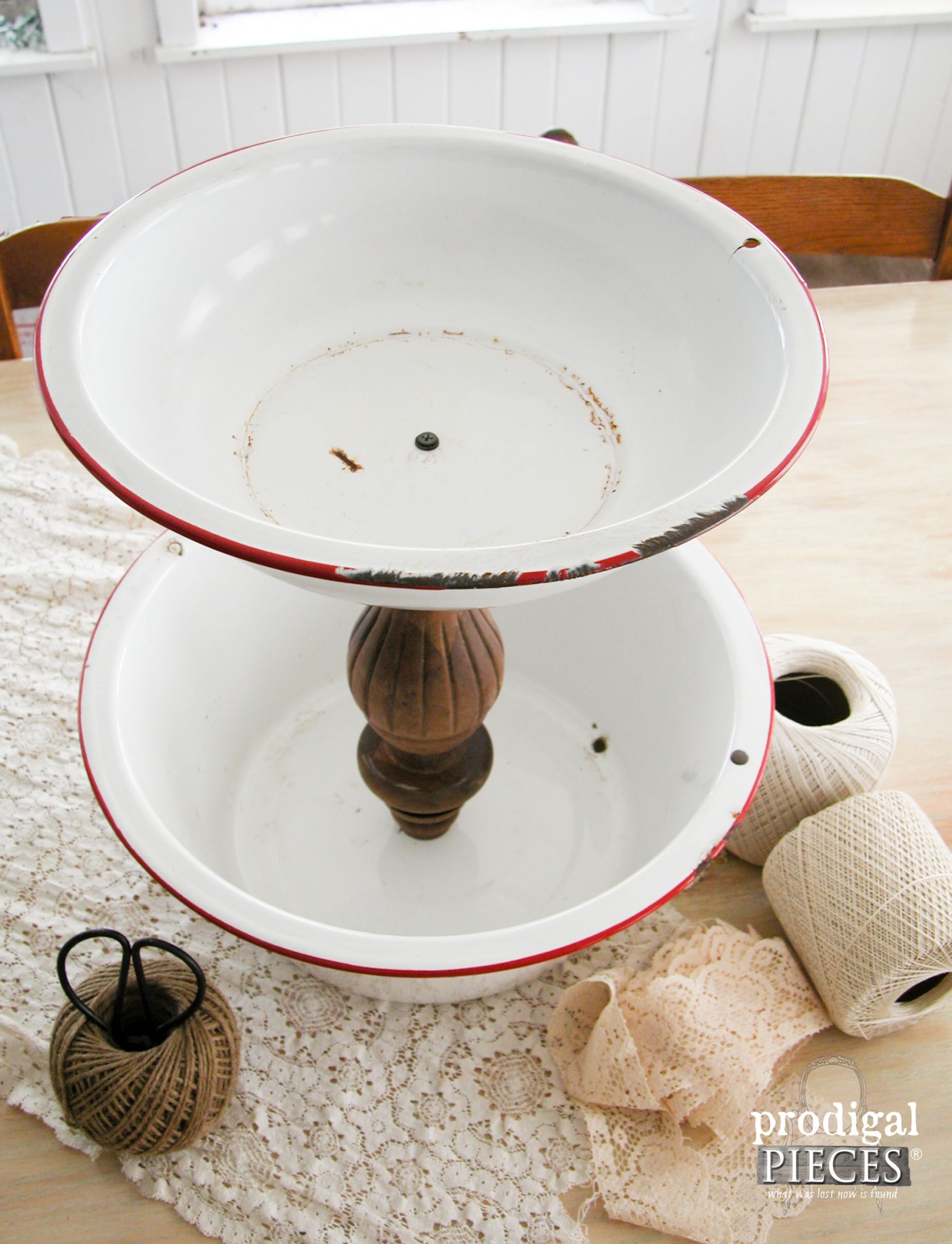 Red and White Enamelware Basin Repurposed into Stand by Prodigal Pieces | www.prodigalpieces.com