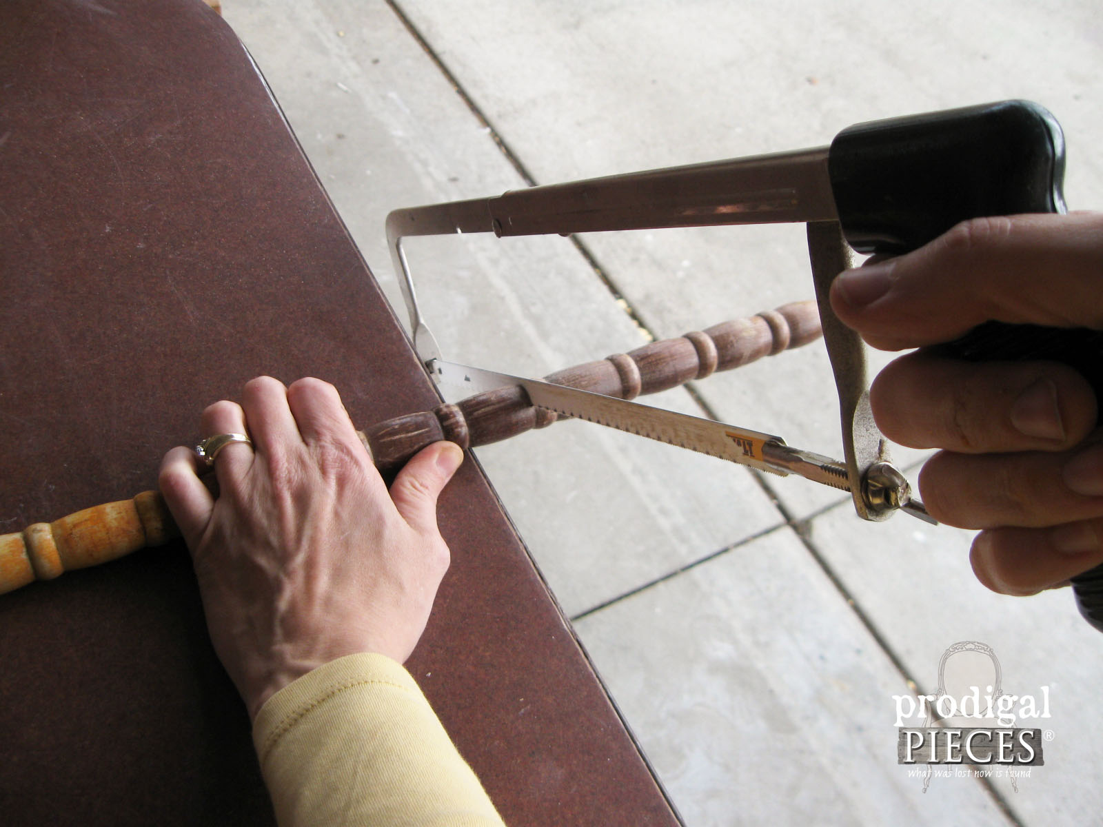 Cutting Crib Spindle with Hacksaw for Easter Cross | Prodigal Pieces | prodigalpieces.com