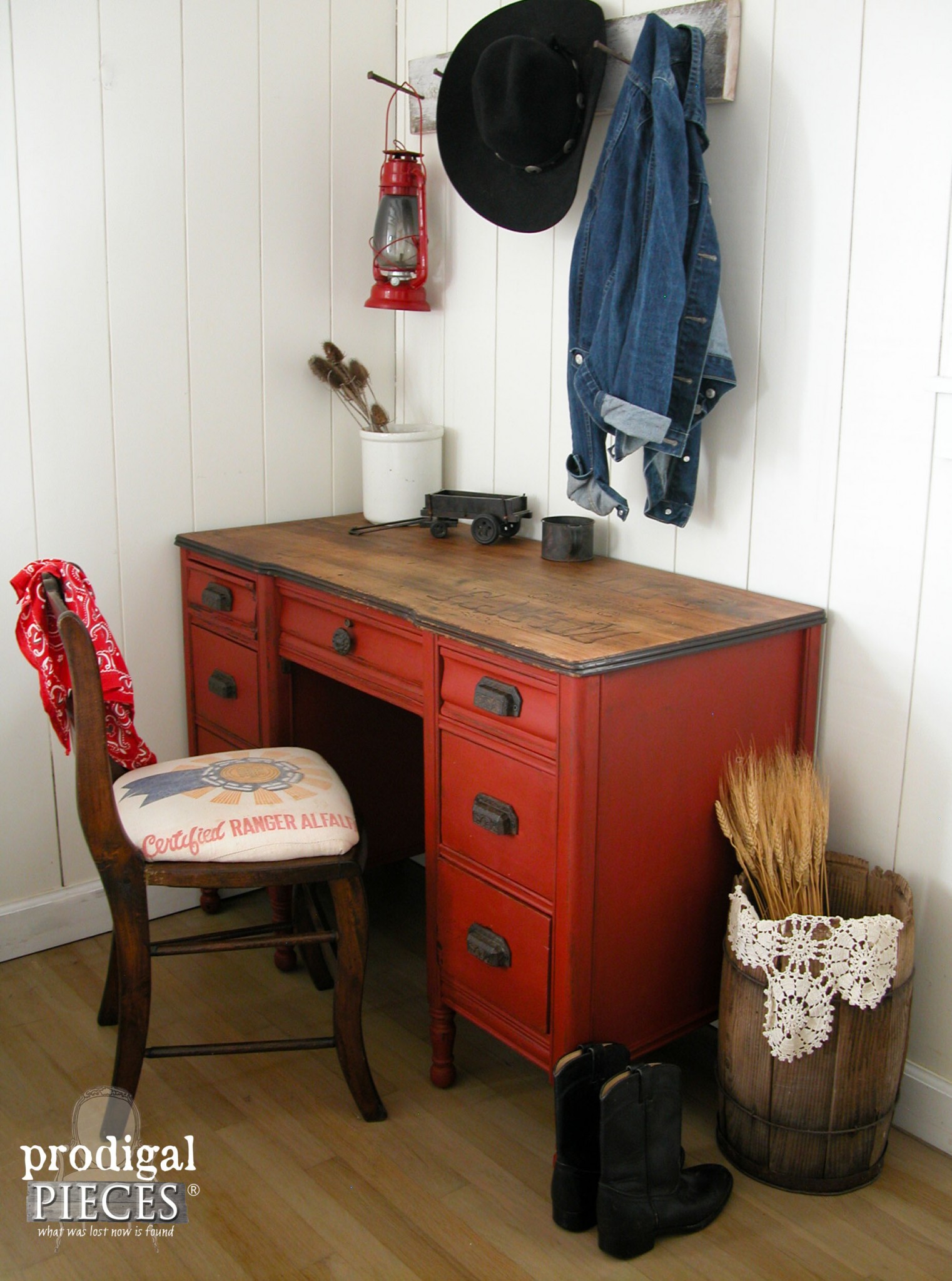 Rustic Red Farmhouse Desk with Woodburned Top by Prodigal Pieces | www.prodigalpieces.com