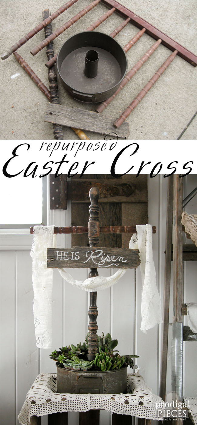 Easter Cross Made from Repurposed Parts and Turned Succulent Planter by Prodigal Pieces | prodigalpieces.com