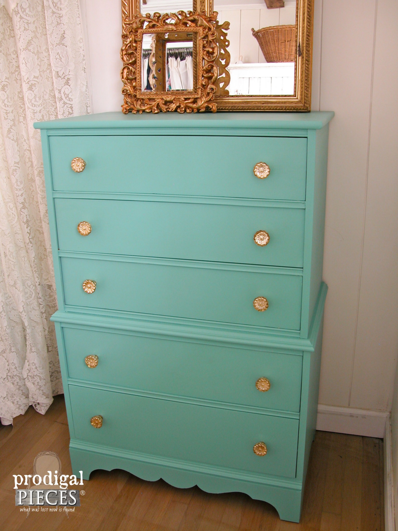 Gold Glass Pulls on Teal Painted Chest by Prodigal Pieces | www.prodigalpieces.com
